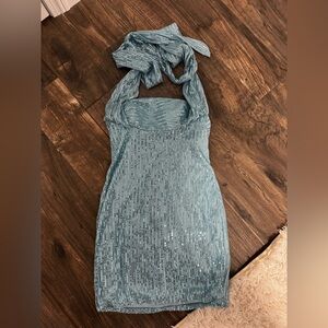 Elegant Blue Sequin Halter Dress